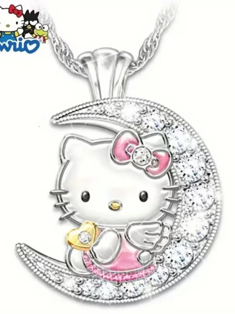 $4>>Hello Kitty Silver-Tone Crescent Moon Pendant with Pink Accents